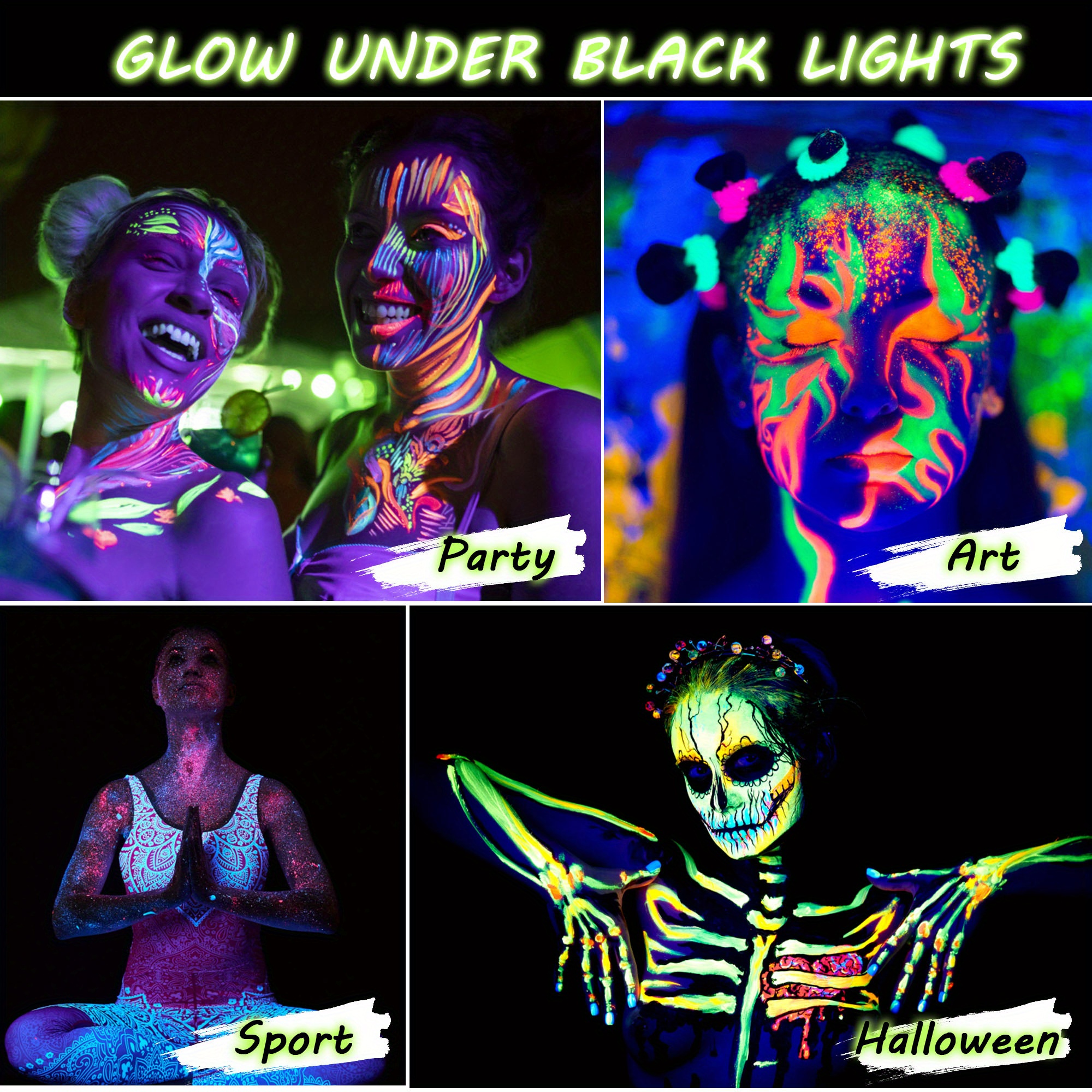 Glow in the dark face paint for the Fun glow run  Glow birthday party,  Neon party, Neon birthday party