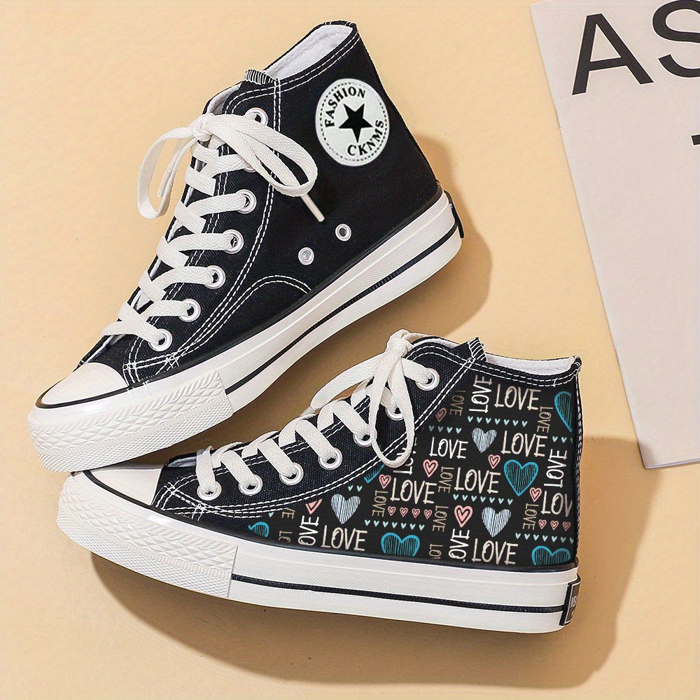 Heart & Ecg Print Canvas Shoes, Lace Up High Top Thick Soled