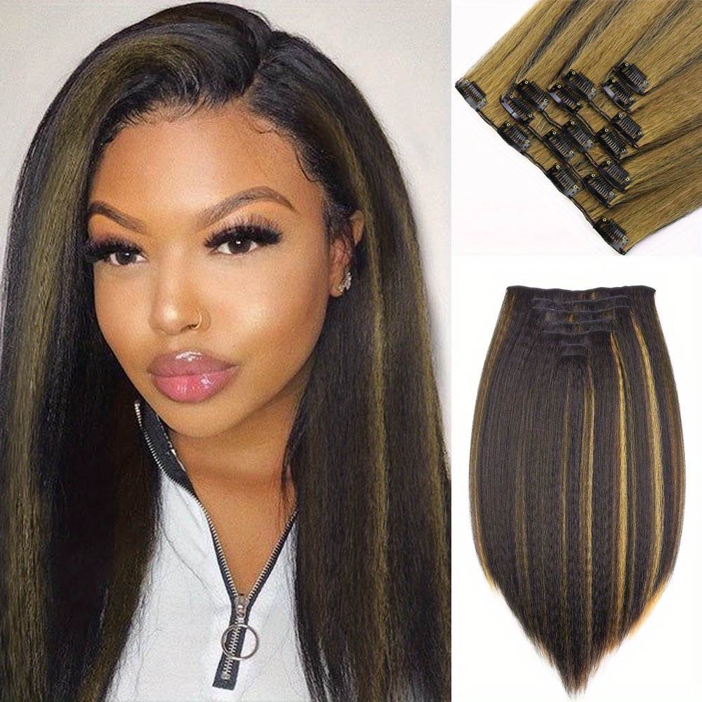 Dark Brown Kinky Straight Clip In Hair Extensions Brown - Temu