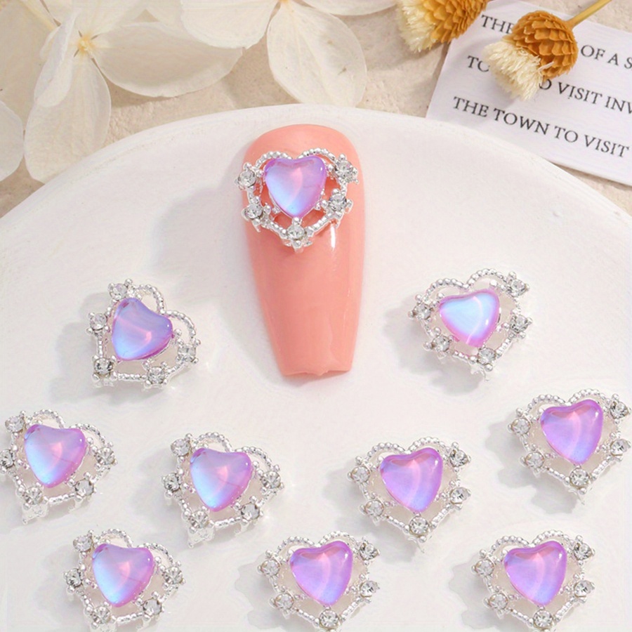 10pcs Aurora Peach Heart Nail Charms + Rhinestones Nail Gem Accessories