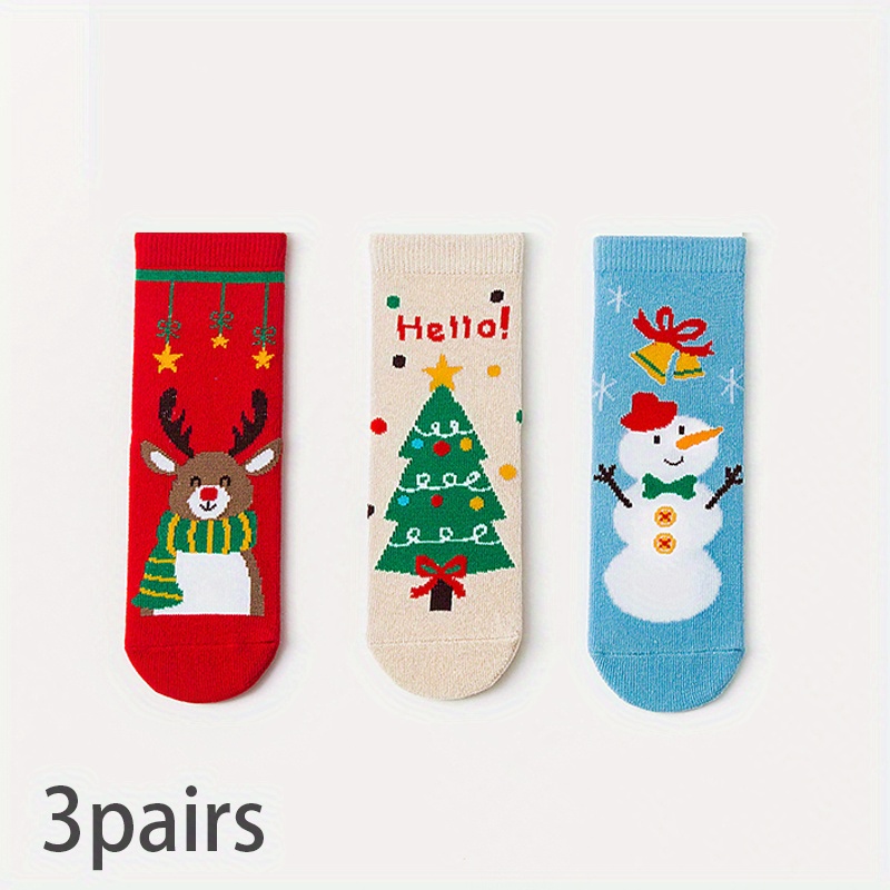 Image of 3 Pairs Of Christmas Socks For Children | Autumn And Winter, Big Red Festive Fashion Socks With Snowman And Christmas Tree Designs, Cute Cartoon, Boys And Girls, Hand Wash Only