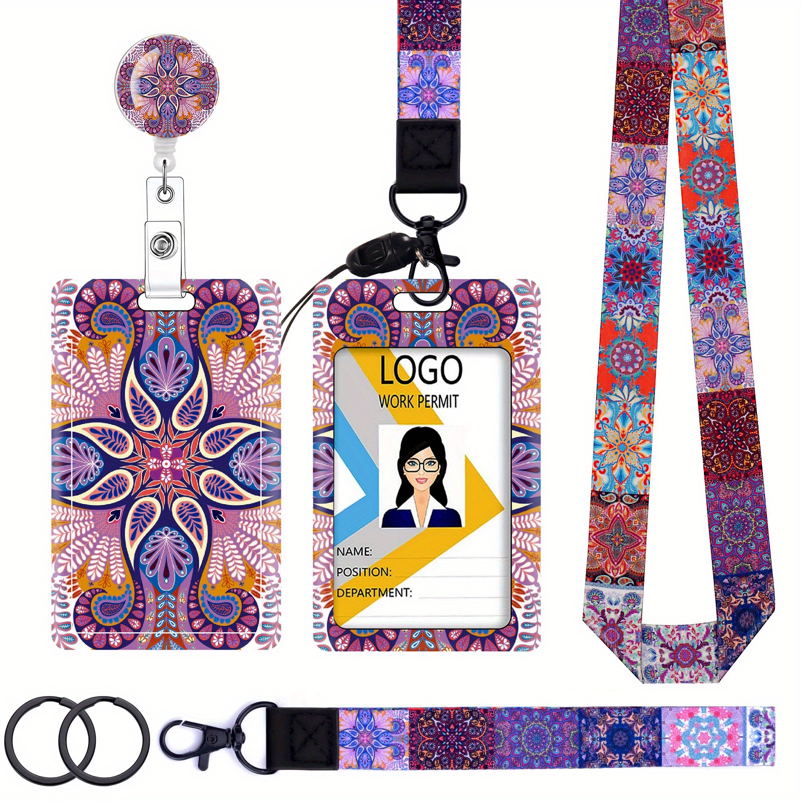 mobile Phone Accessories,pcs Mandala Print Lanyard Set, Consist of 1pc Neck Lanyards for ID Badges, 1pc ID Badges Holder, 1pc Badge Reels