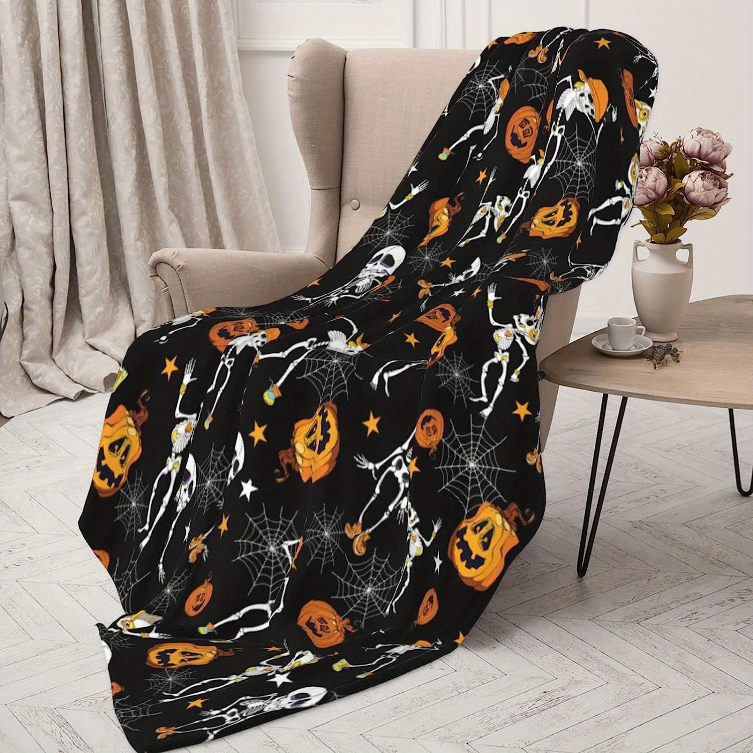 Throw Blanket- Halloween Spooky Skull Flowers Soft Warm Plush