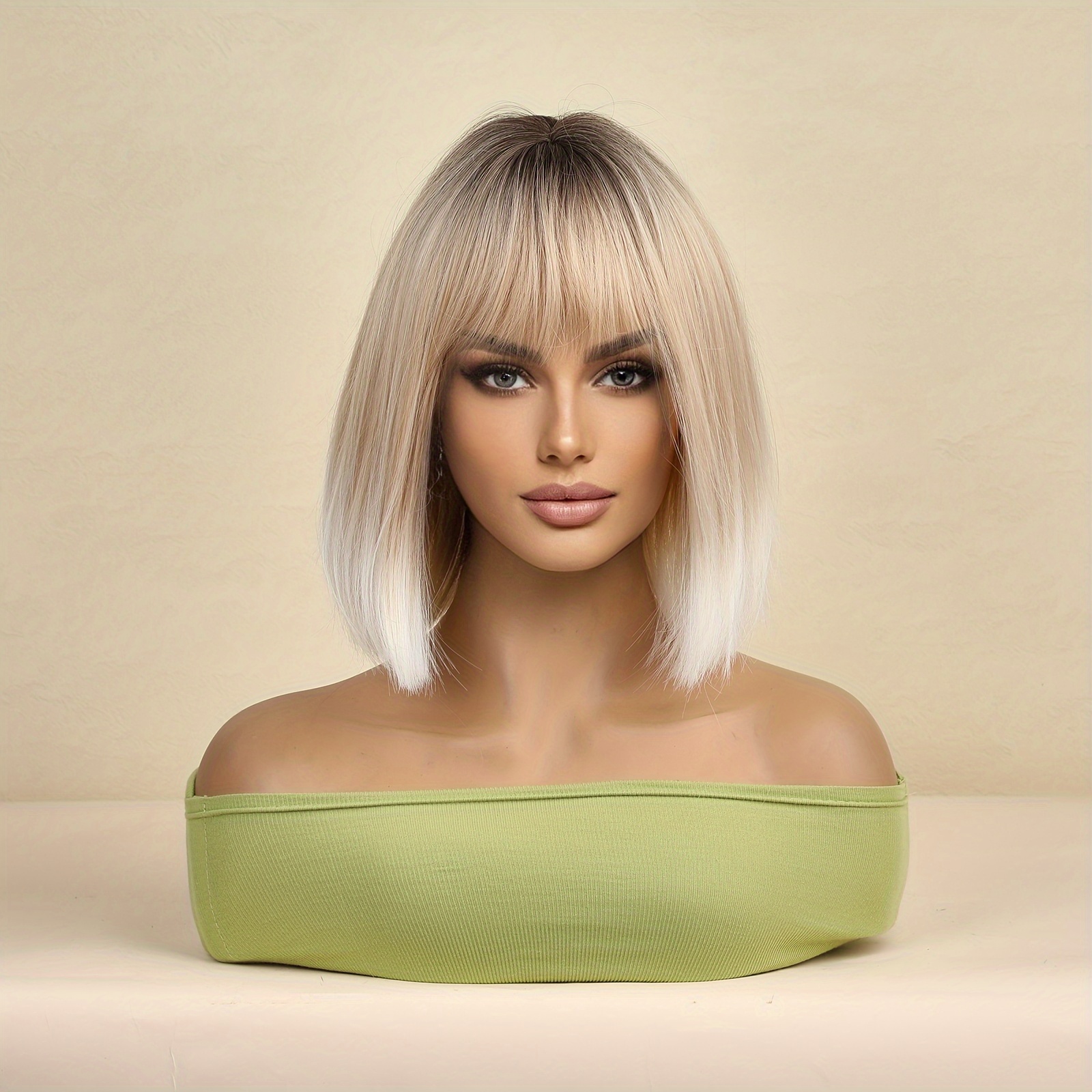 Ombre Bob Wig With Bangs Short Straight With Deep Roots Micro Wigs Synthetic Shoulder Length Wig Heat Resistant Synthetic Wig For Women Daily Wear 12 Inch