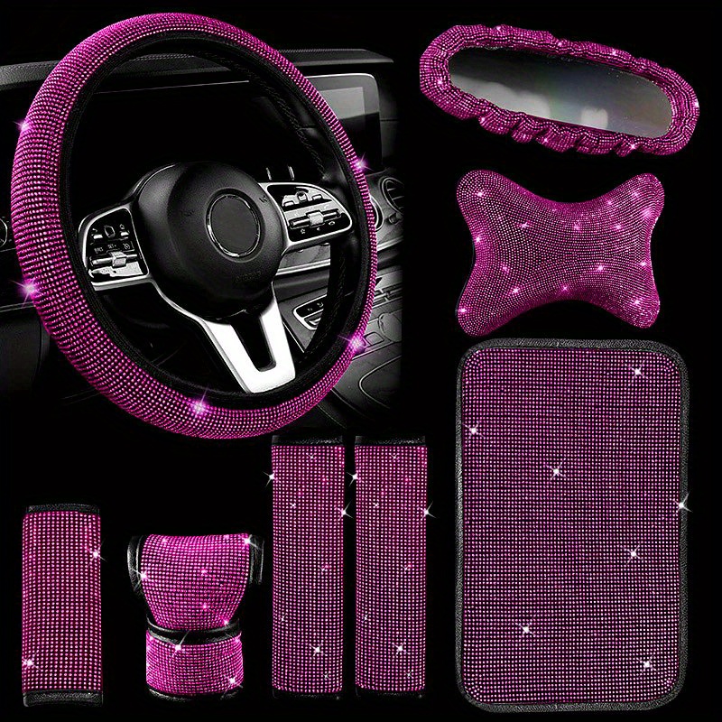 Bling Car Accessories Women Bling Steering Wheel Cover Bling Car Coasters  Bling Set Seat Belt Shoulder Pads Ring Emblem Sticker Gear Shift Cover -  Automotive - Temu