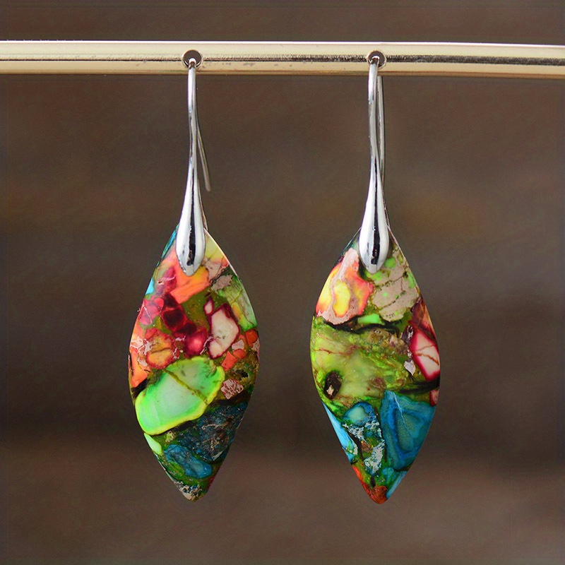 Image of Boho Elegant Natural Stone Dangle Earrings, Geometric Colorful Ethnic Style, Trendy Female Ear Ornaments, Copper Ear Needle, Non-feather, For Daily & Vacation