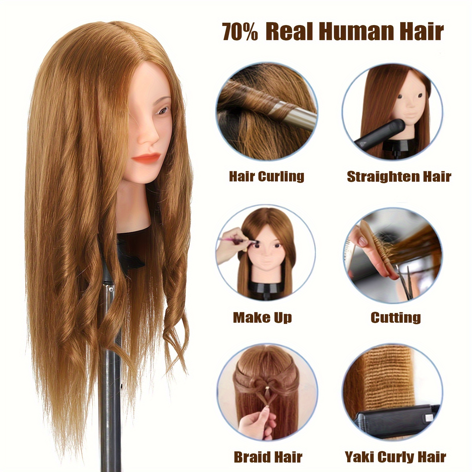 70% Real Hair Doll Head For Hairstyle Curling Straighten Practice