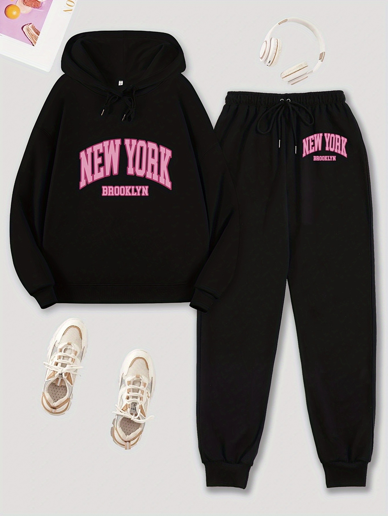 Comfy Sweatsuit Sets Girls brooklyn New York Print Hooded - Temu