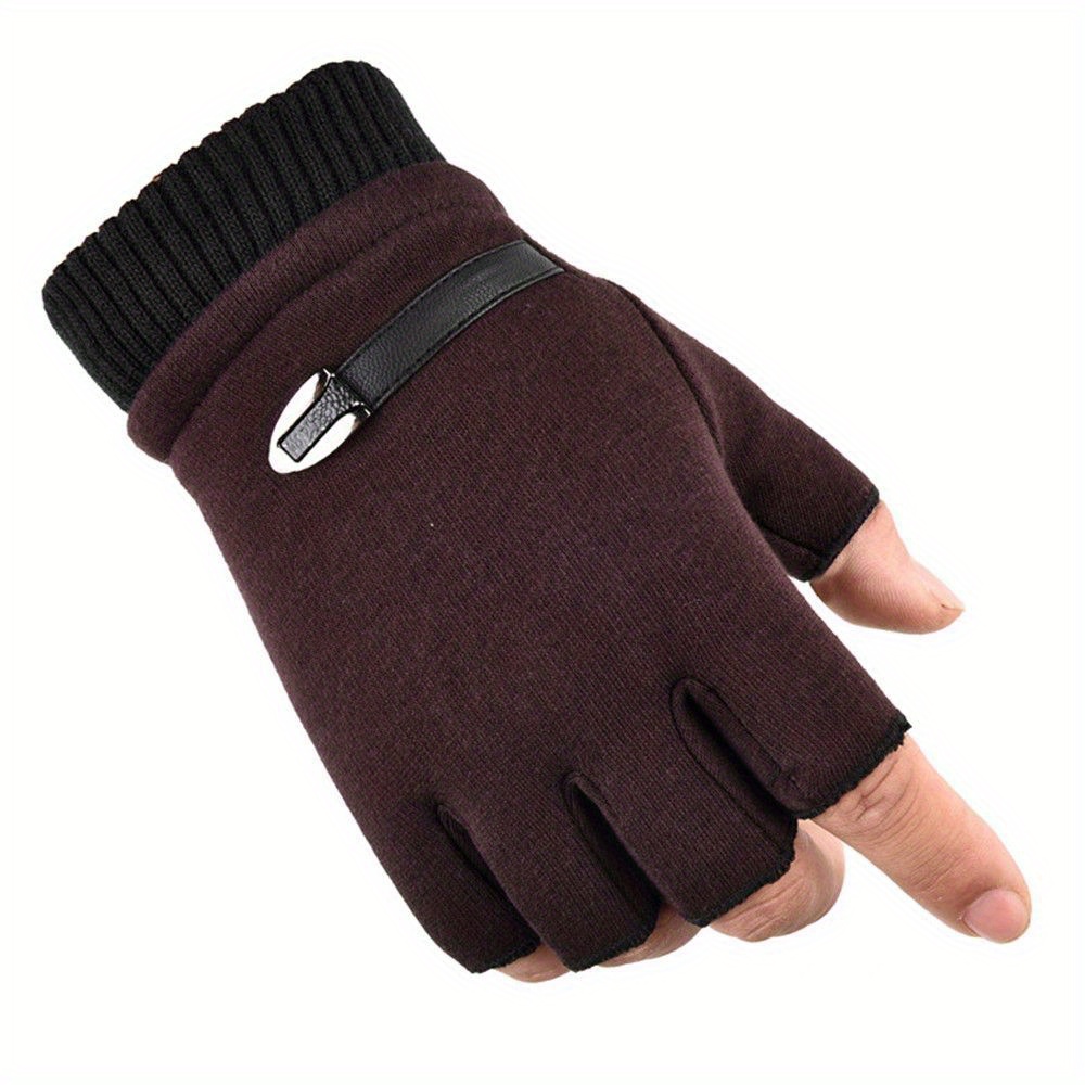 1pc Mens Thermal Fingerless Thick Knitted Winter Warm Half Finger Gloves, High-quality & Affordable