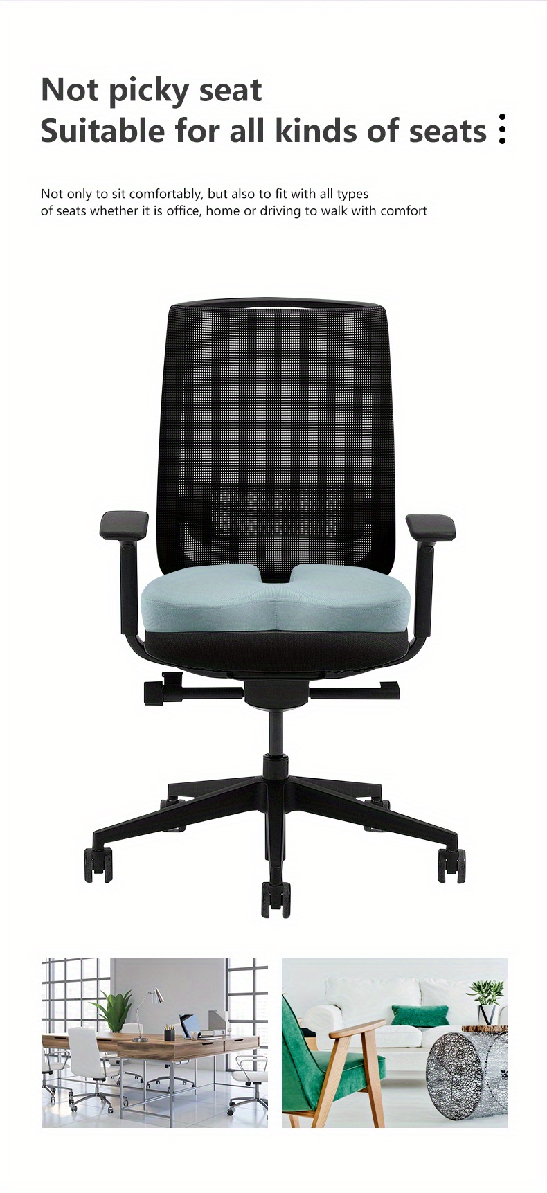 TICONN Cojín de asiento de espuma viscoelástica, cojín para silla de  oficina, almohada para sentarse durante mucho tiempo (azul)