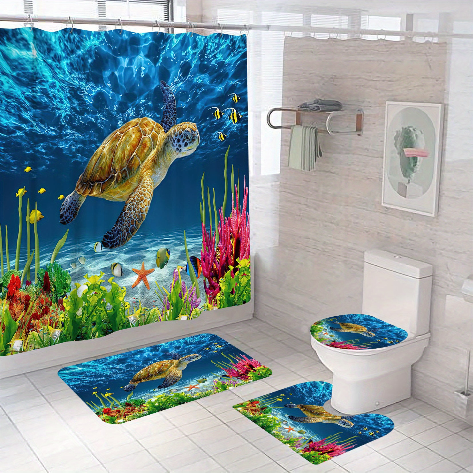 Shower Curtain Set Turtle Coral Pattern Bathroom Rug U shape - Temu
