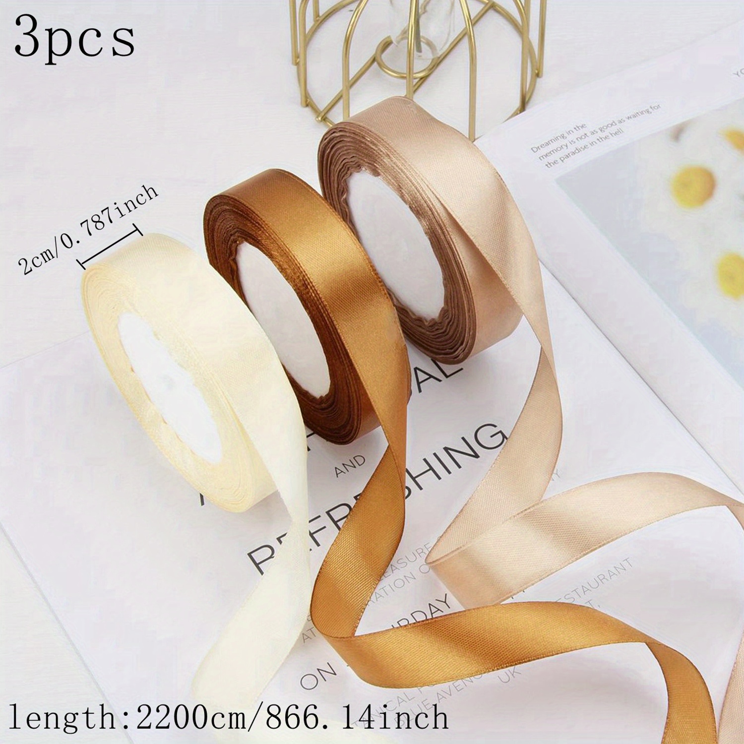 1 Roll/22m Light Gold Satin Ribbon Cloth Ribbon Flower Wrapping Gift  Packing Ribbon, 4cm Wide
