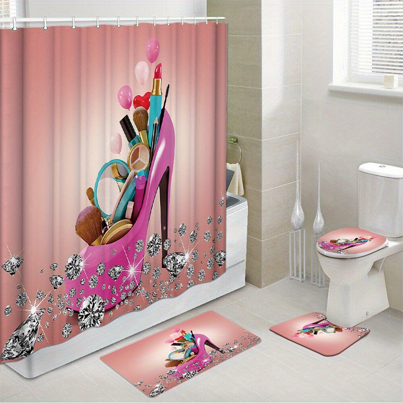  DECOLURE Elegantes juegos de baño con cortina de ducha y  alfombras, 4 piezas, juego de cortinas de ducha gruesas e impermeables con  alfombras, alfombras antideslizantes suaves y cubierta de tapa de 