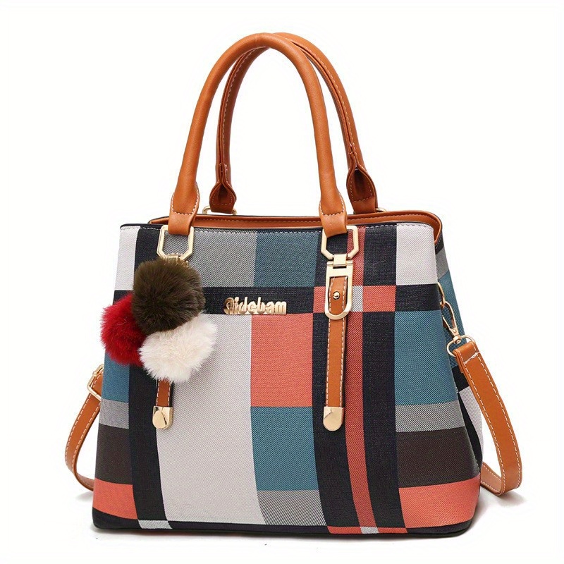 1pc Colorblock Pu Portable Zip Closure Fashion Tote Bag Suitable