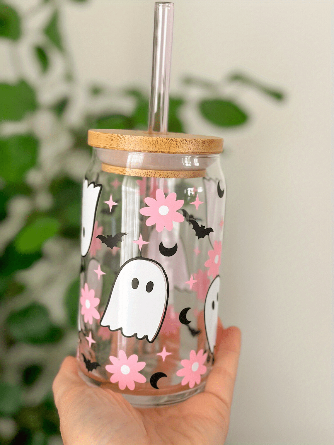 Kawaii Animal Glass Cup With Lid Straw Cute Flower Coffee Mug Milk