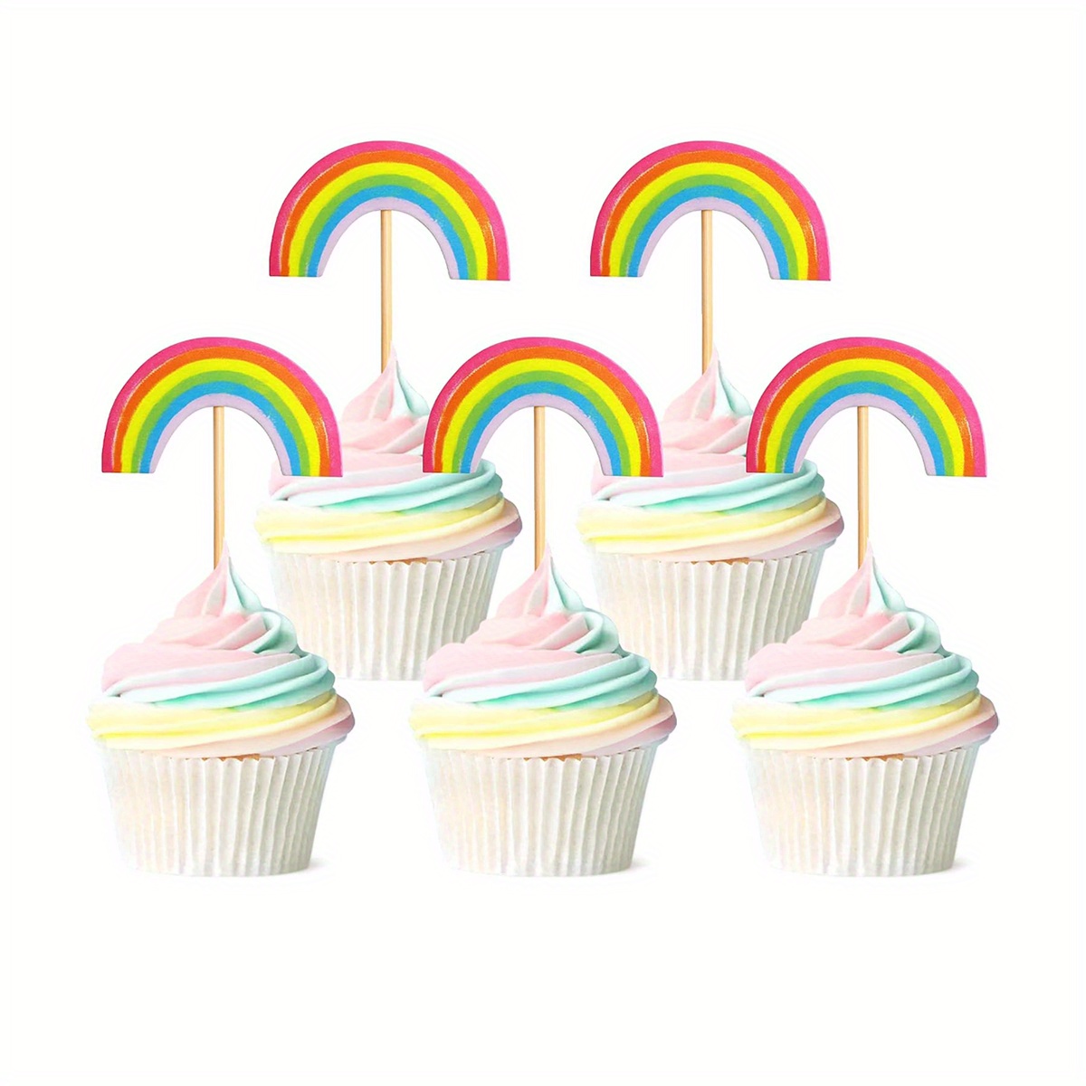 12pcs Bamboo Rainbow Cupcake Toppers, Universal Birthday & Baby Shower Dessert Decorations, No Electricity Needed, Featherless, For Party Supplies