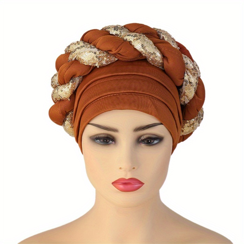 Shiny Sequin Braid Turban Cap Boho Solid Color Head Wraps - Temu