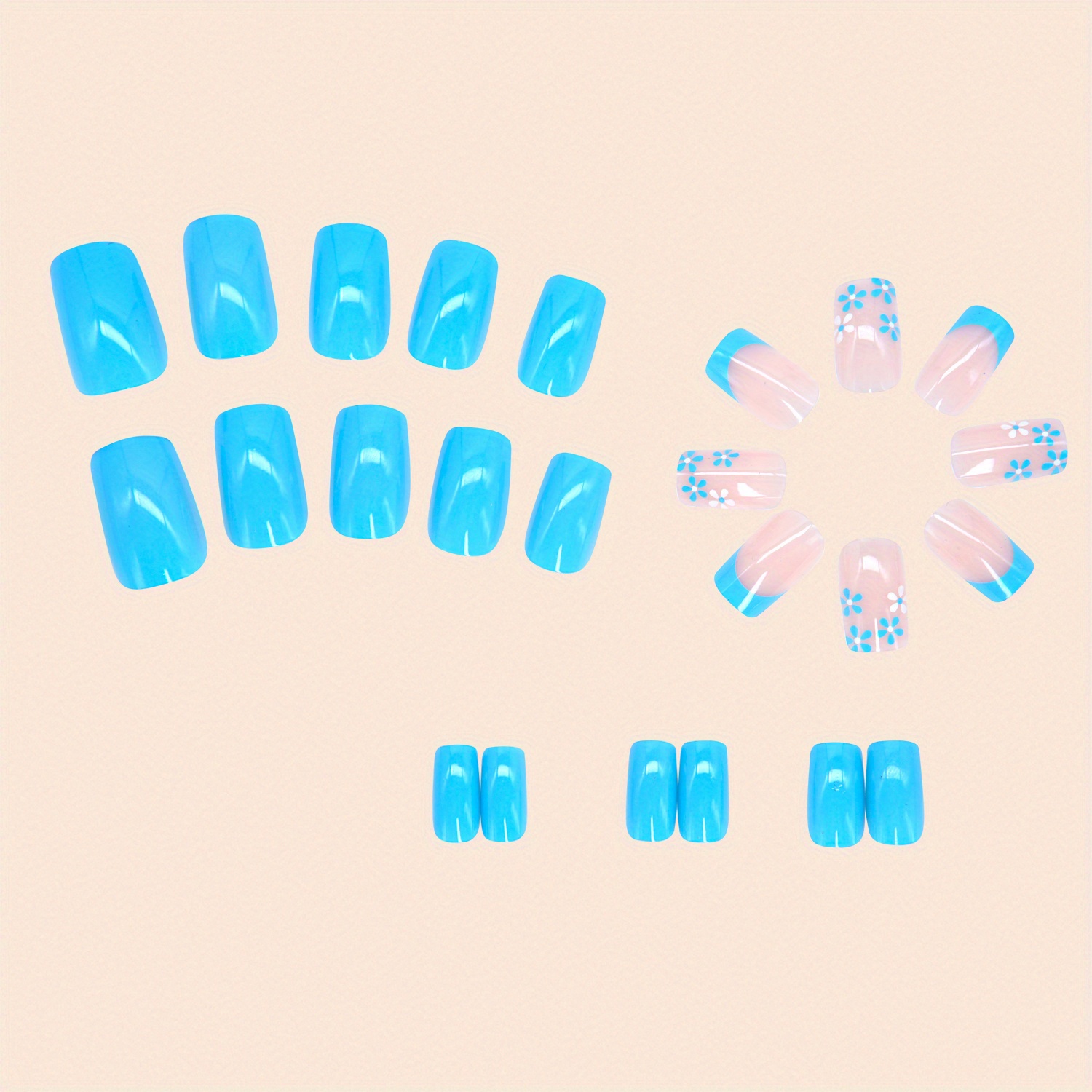 24pcs glossy medium square fake nails blue french tip press on nails with flower deisgn summer fresh and cute false nails for women girls details 3