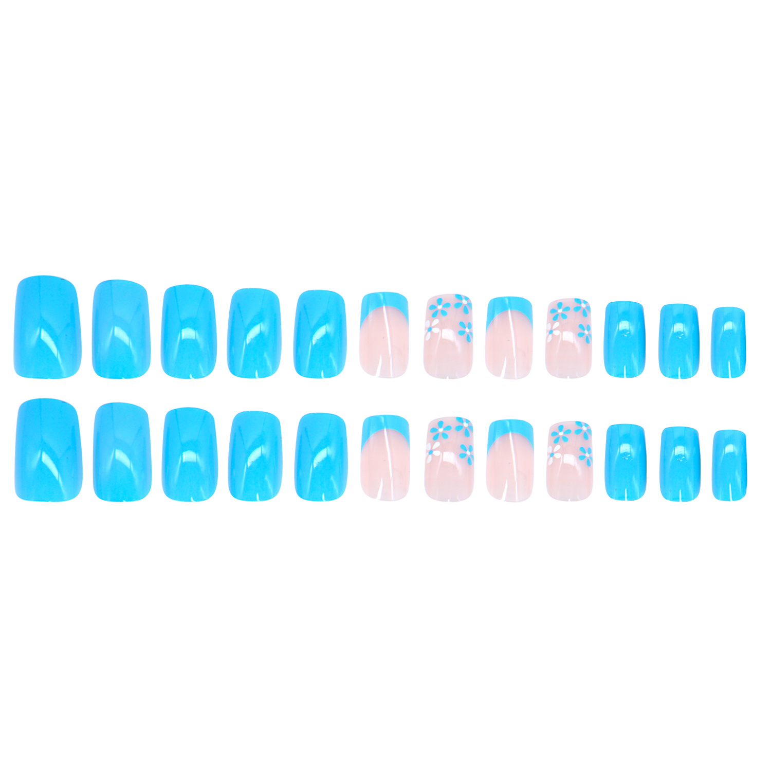 24pcs glossy medium square fake nails blue french tip press on nails with flower deisgn summer fresh and cute false nails for women girls details 4