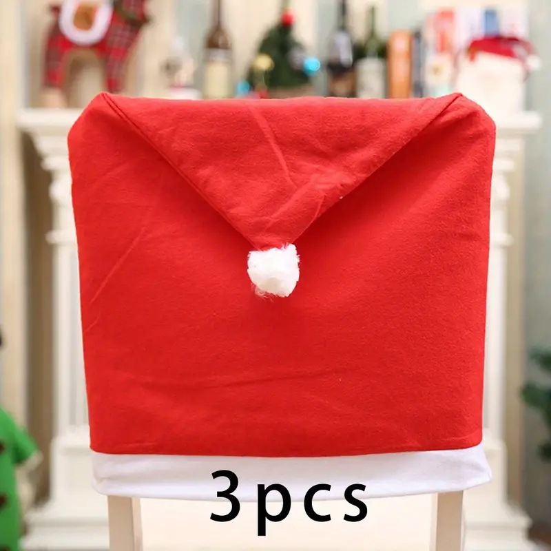 3pcs red nonwoven christmas dining chair slipcovers christmas table decorations santa claus hat slipcover for christmas dinning room restaurant holiday festival party decoration details 3