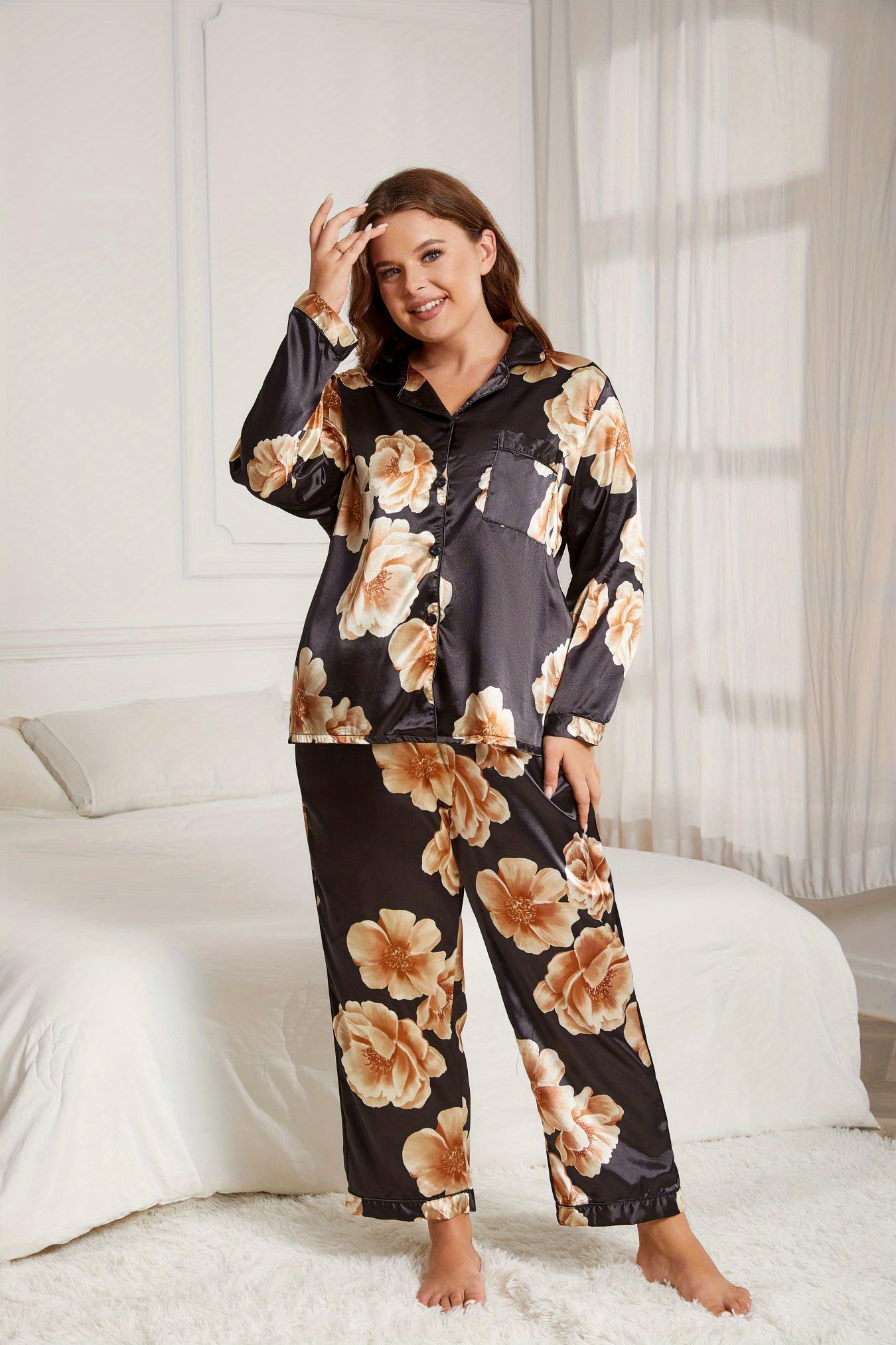 Plus Size Cute Pajama Set Women's Plus Mini Floral Print - Temu Canada