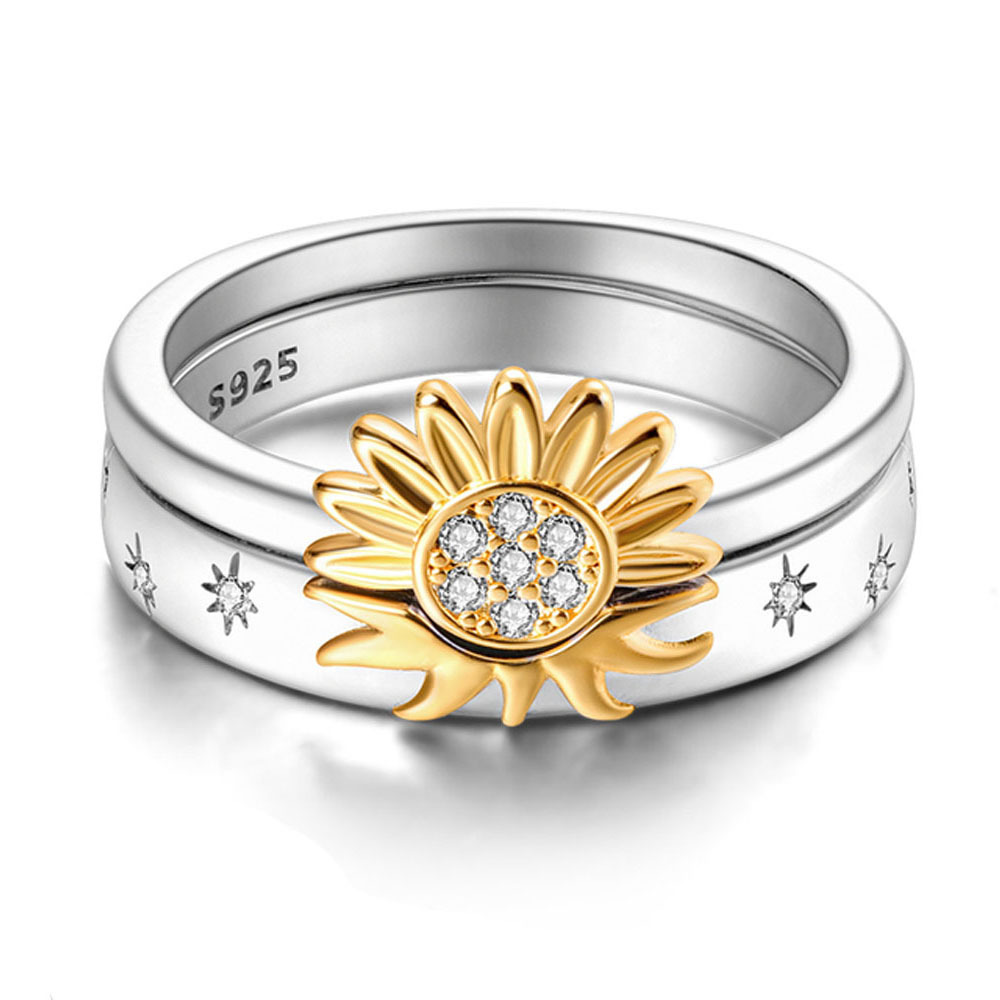 925 Sterling Silver Rings Cute Sunflower Design Inlaid - Temu