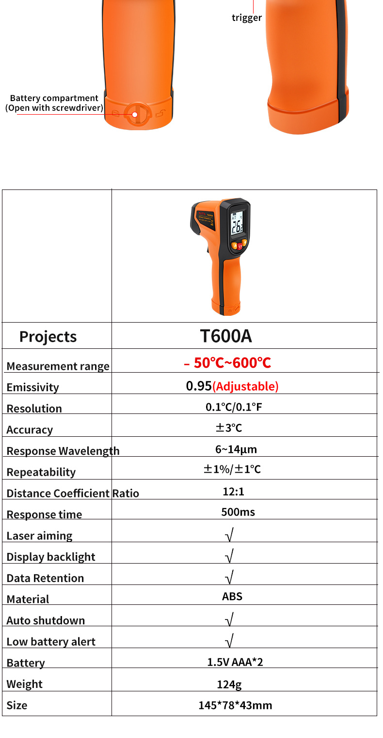 Njty T600a Digital Infrared Thermometer 50~600c Laser - Temu