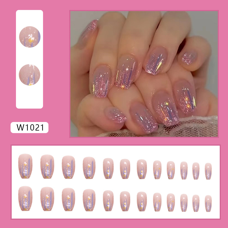 24pcs Glossy Short Ballet Fake Nails, Aurora Purple Press On Nails With  Golden Glitter Star Design, Shining False Nails For Women Girls Daily Wear