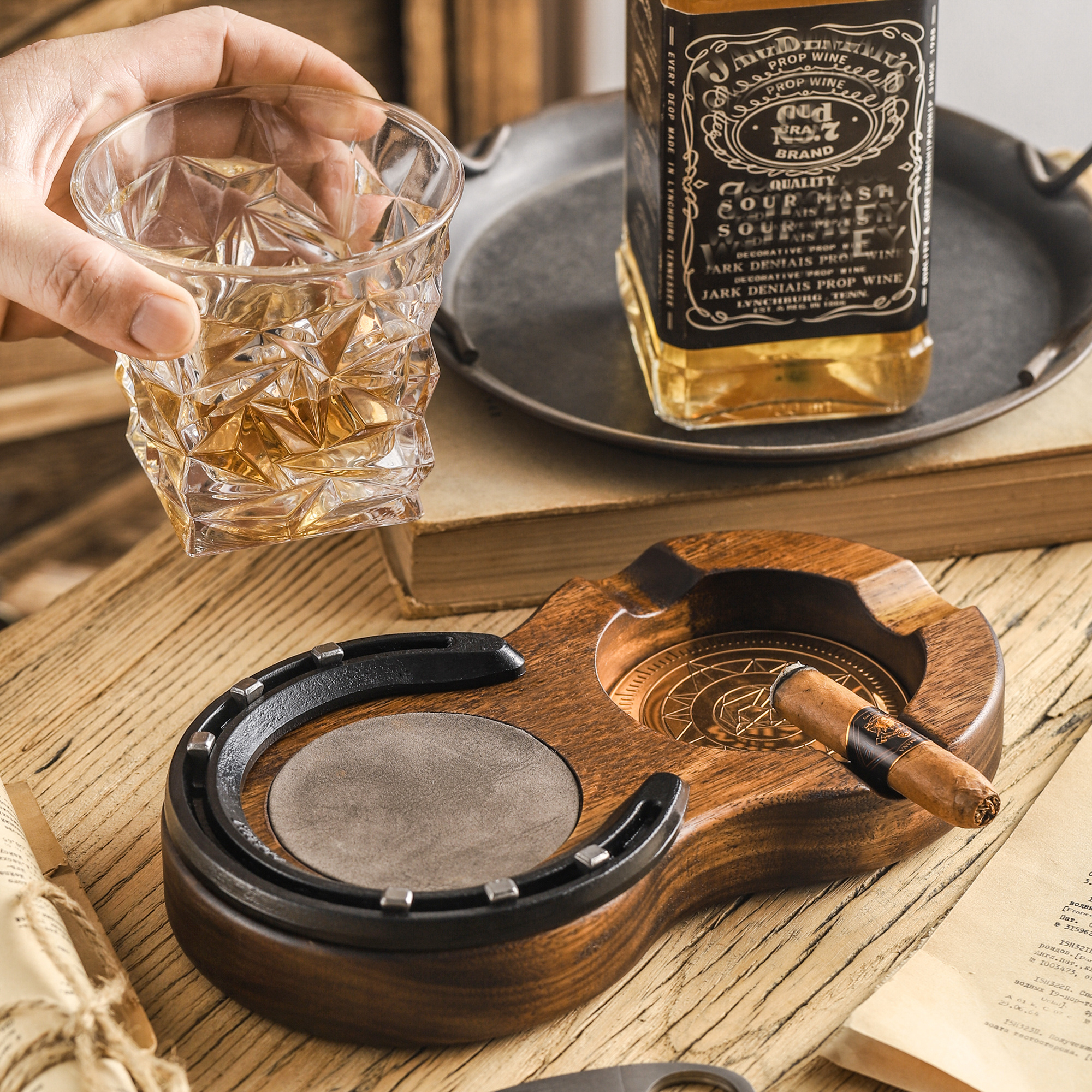 1pc wooden cigar ashtray handmade horseshoe design cigar accessories with 3 cigar slot portable travel cigar gifts for men indoor outdoor patio home office use details 1