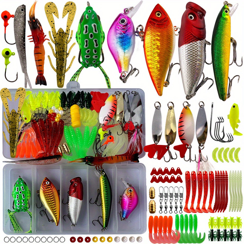 74pcs Fishing Lures Kit for Freshwater, Including Frog Lures Soft Fishing  Lure Hard Metal Lure Popper Minnow Metal Jig Hook for Trout Bass Salmon