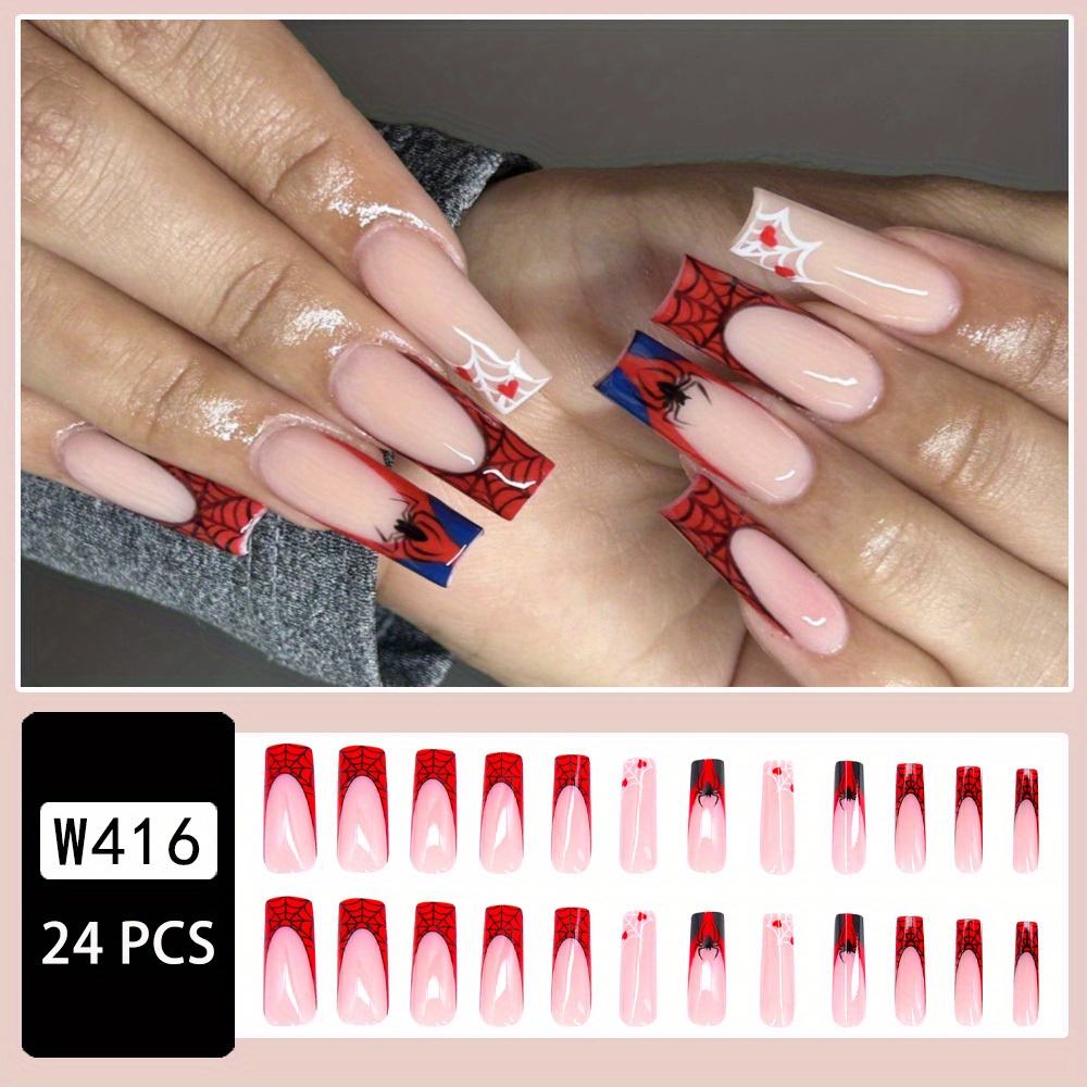 24Pcs French Pink Red Heart False Nails Long Coffin Full Artificial Nail  Tips