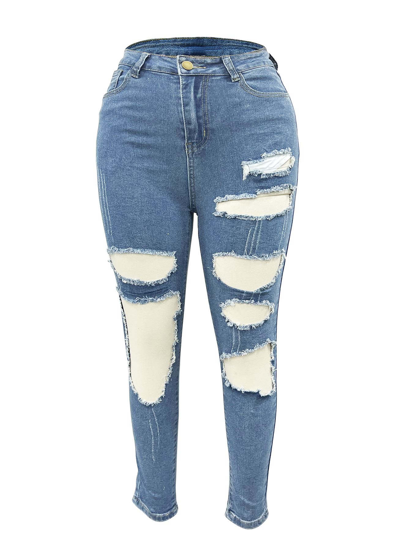 Ripped Distressed Rolled Hem Jeans, High Stretch Washed Blue High Rise  Denim Pants, Women's Denim Jeans & Clothing