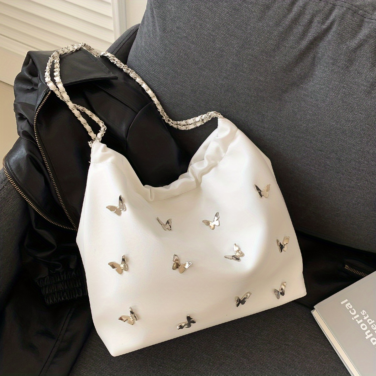 Butterfly Decor Bucket Bag For Women, Trendy Chain Crossbody Bag