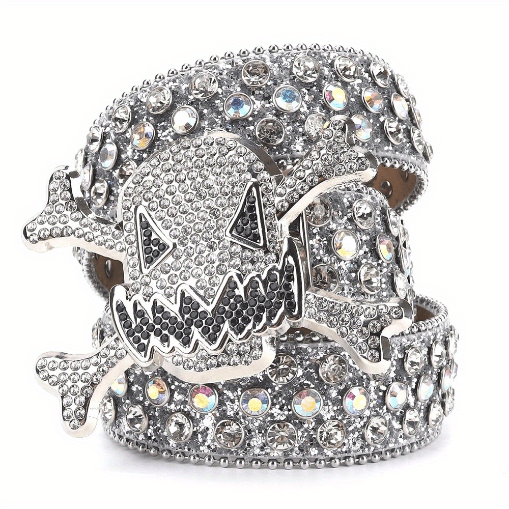 NEW Western Rhinestone Skull Belts Diamond Belt Wide Buckle Men's Jeans  Trend