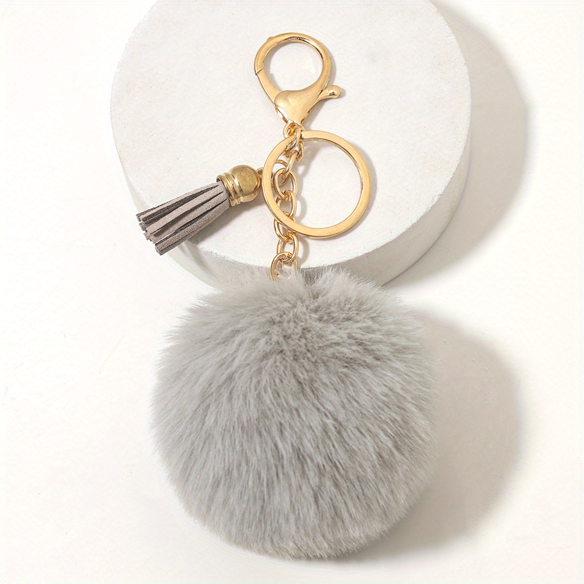 Fluffy Pom Pom Keychains Faux Rabbit Fur Pompom Silver Keyring Accessories