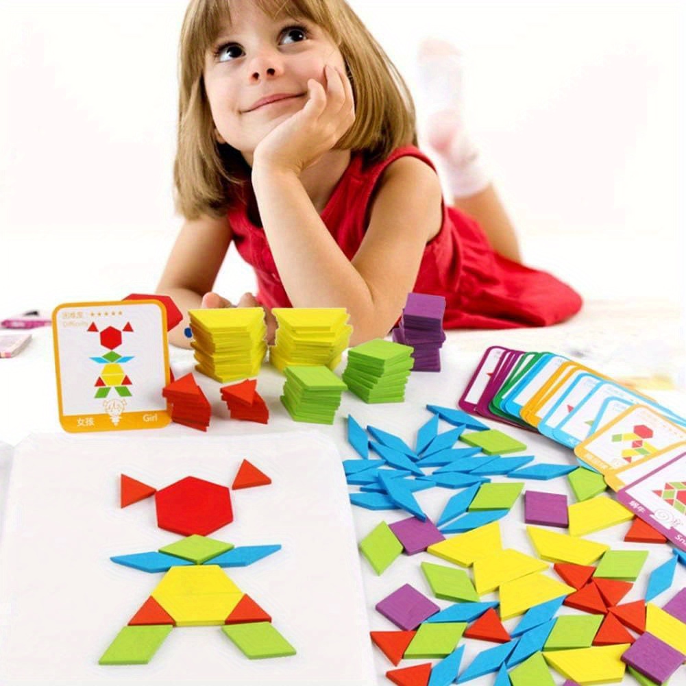 155 Pezzi Di Blocchi Modello In Legno Set Puzzle Di Forma Geometrica Per Bambini Educativi Montessori Tangram Giocattoli Per Bambini Con 24 Pezzi Di Carte Giocattoli In Legno, Regalo Di Natale E Halloween, Regalo Di Ringraziamento dettagli 2