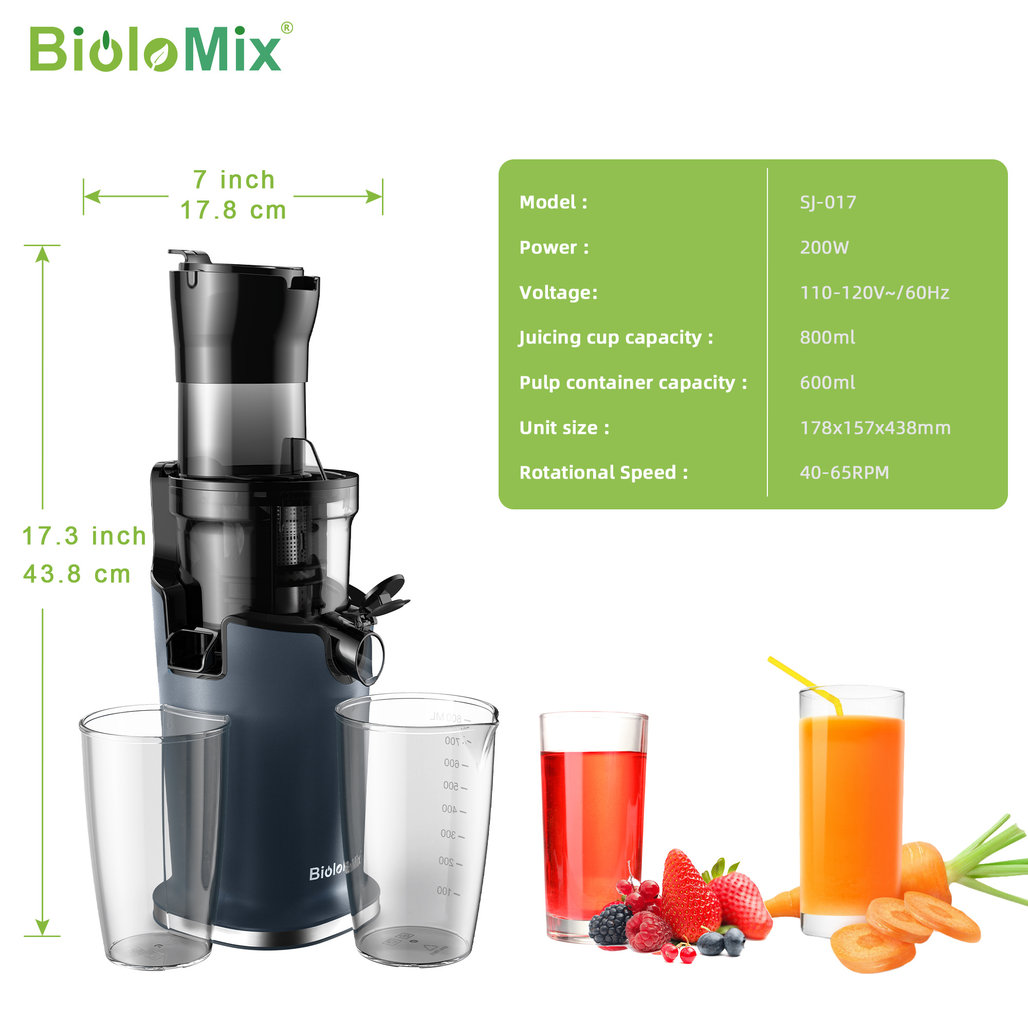 biolomix 200w cold press juicer with 3 07in feed chute tritan material slow juicer machines heavy duty masticating juice extractor fits whole fruits veggies easy to clean details 10
