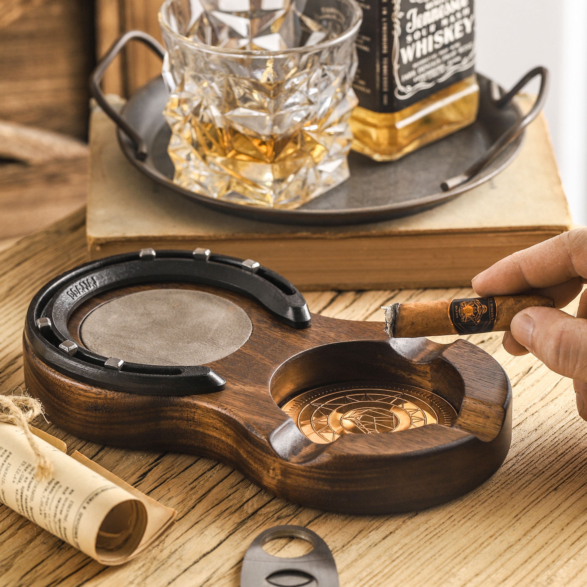 1pc wooden cigar ashtray handmade horseshoe design cigar accessories with 3 cigar slot portable travel cigar gifts for men indoor outdoor patio home office use details 5