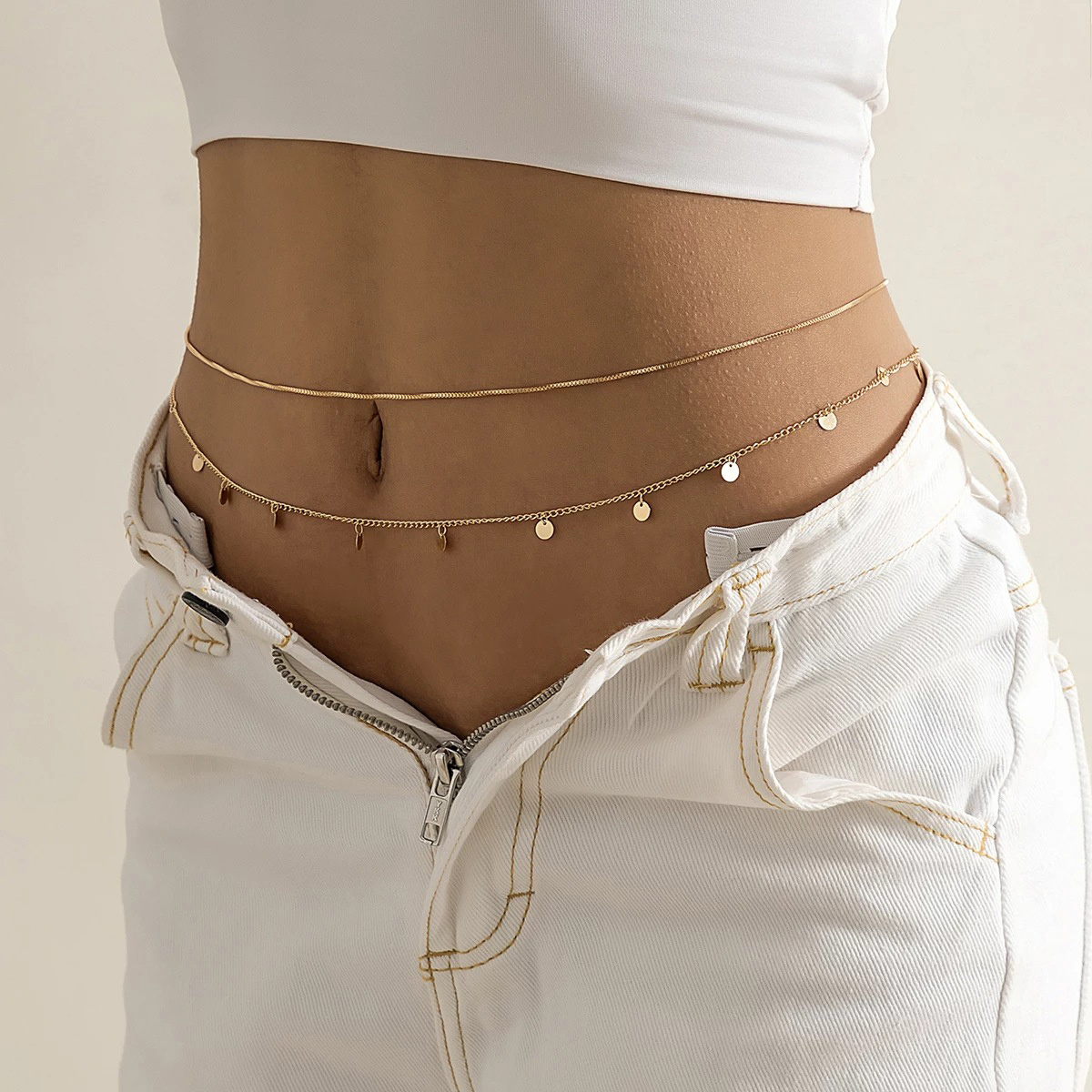 Image of [popular ] 2pcs/set Simple Metal Round Piece Pendant Chain Waist Chain, Body Jewelry For Women