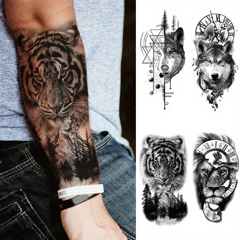 Tatuajes temporales para hombres y mujeres, tótem tribal grande, búho  águila, lobo, tigre, dragón, león, patrón impermeable, tatuajes falsos,  cuerpo