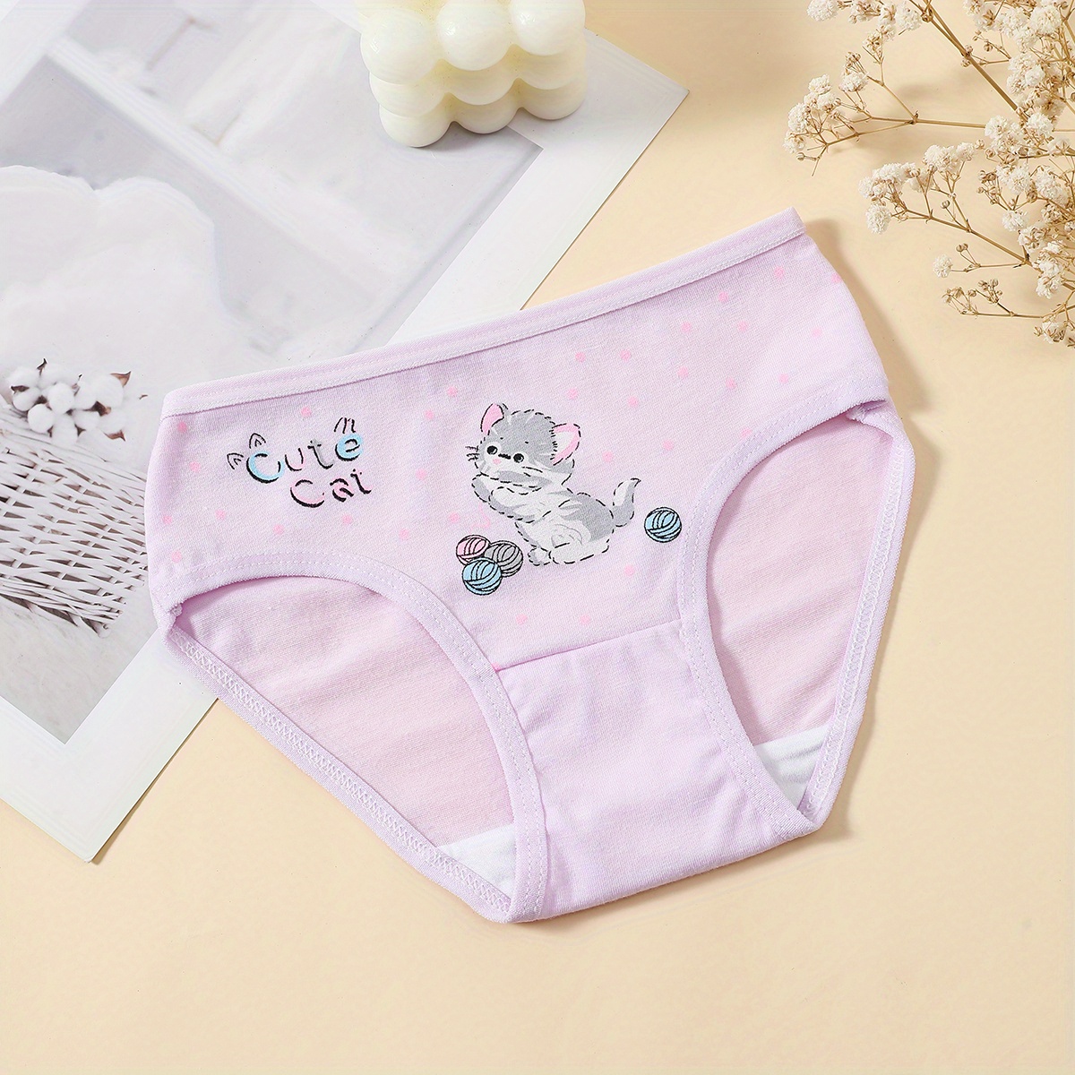 Girl's Triangle Panties Cute Cat Print Elastic Waist - Temu