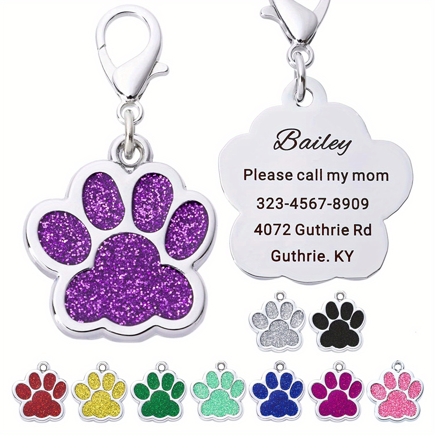 Personalized Dog Tags Custom Name Tag Paw Shape Cute Bling Glitter Pet