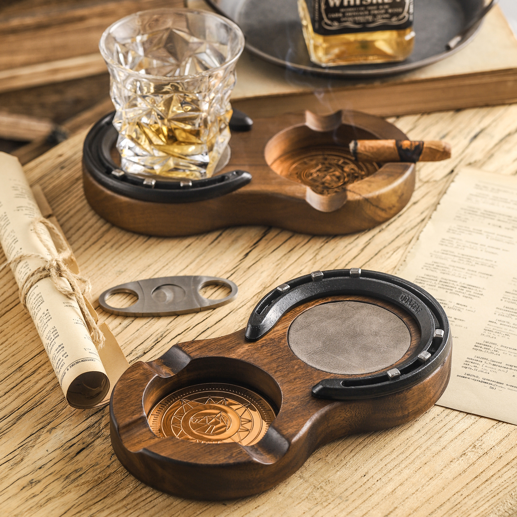 1pc wooden cigar ashtray handmade horseshoe design cigar accessories with 3 cigar slot portable travel cigar gifts for men indoor outdoor patio home office use details 4