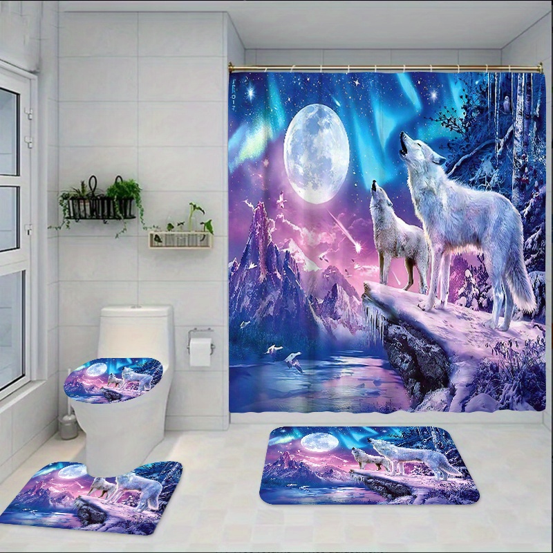 Moon Wolf Printed Bathroom Set, Waterproof Curtain With 12 Hooks