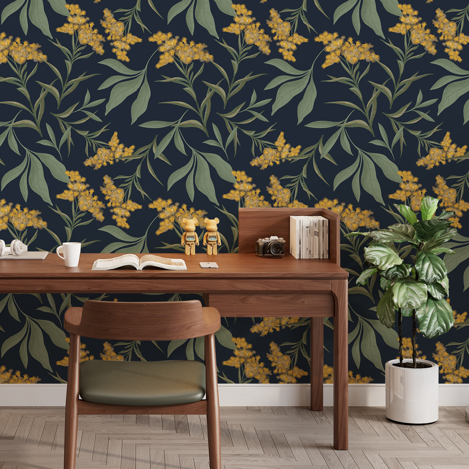 Green Leaves Yellow Flowers Plant Wallpaper Hand painted Temu