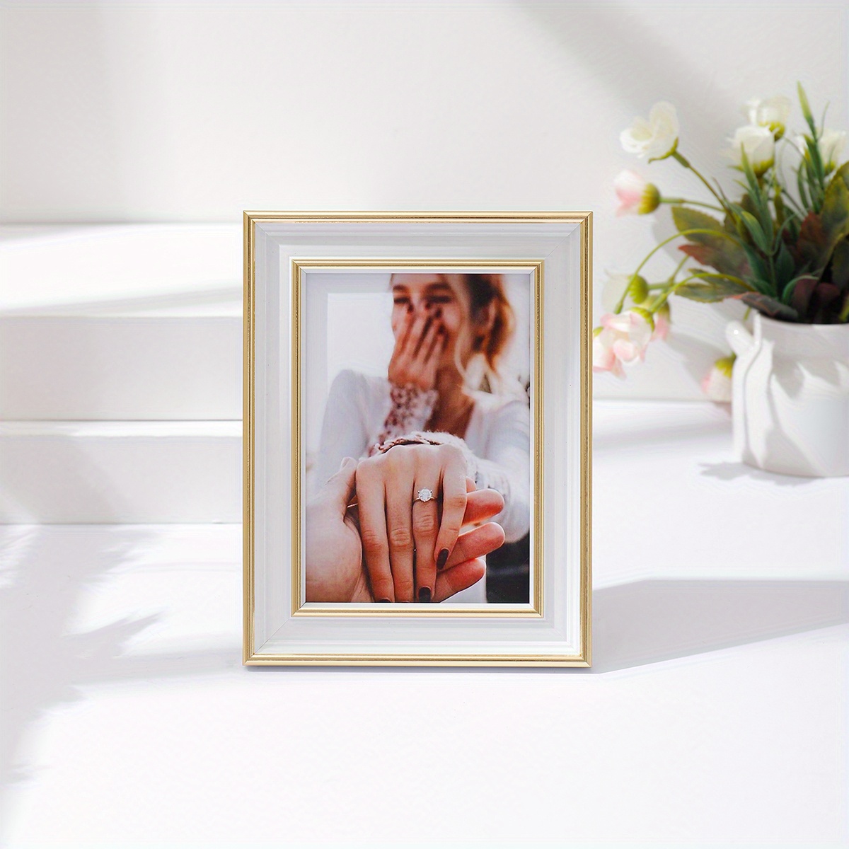 White Golden Edge Photo Frame Office Desktop Mounted Frame - Temu