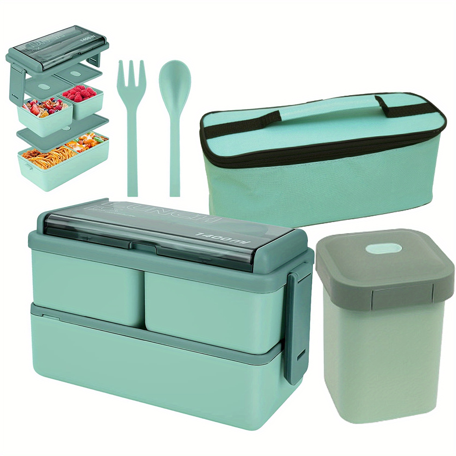 1pc 1250ml Green & Yellow Lunch Box With Spoon, Soup Container