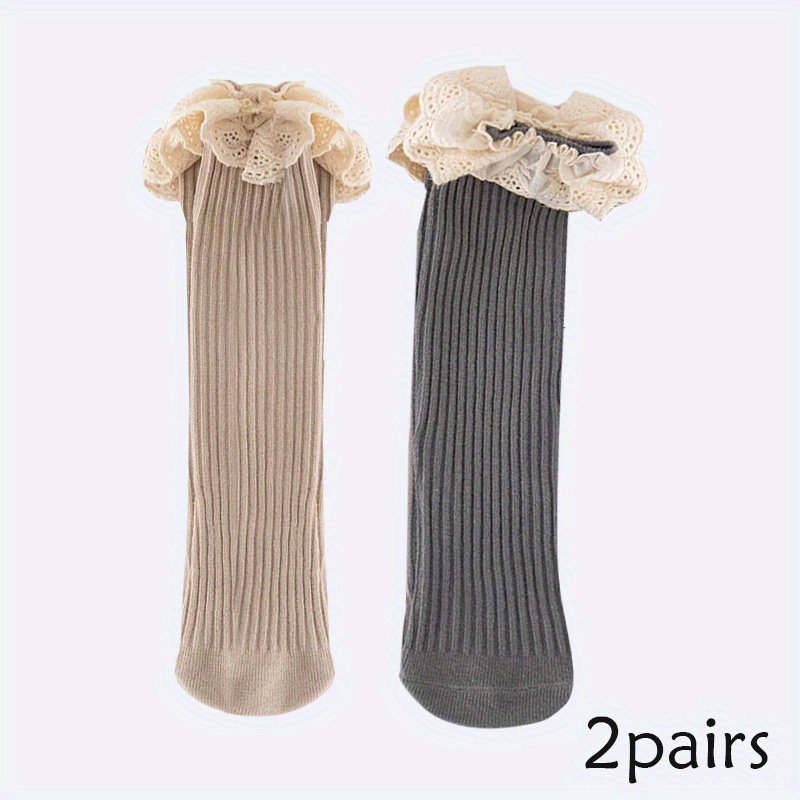 Image of 2 Pair Children's Socks Spring And Autumn ' Big Lace Princess Socks Solid Color Mid Tube Socks Heel Free Korean Edition Versatile