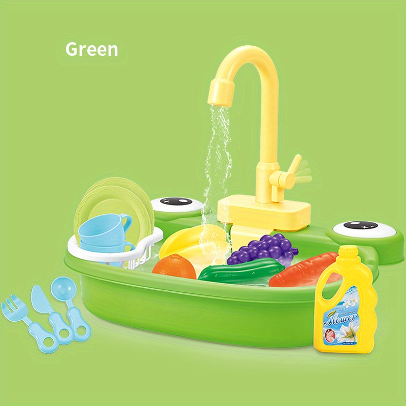 Children Simulation Kitchen Toys with Running Water Cartoon Frog Sink Toy  Role Green 