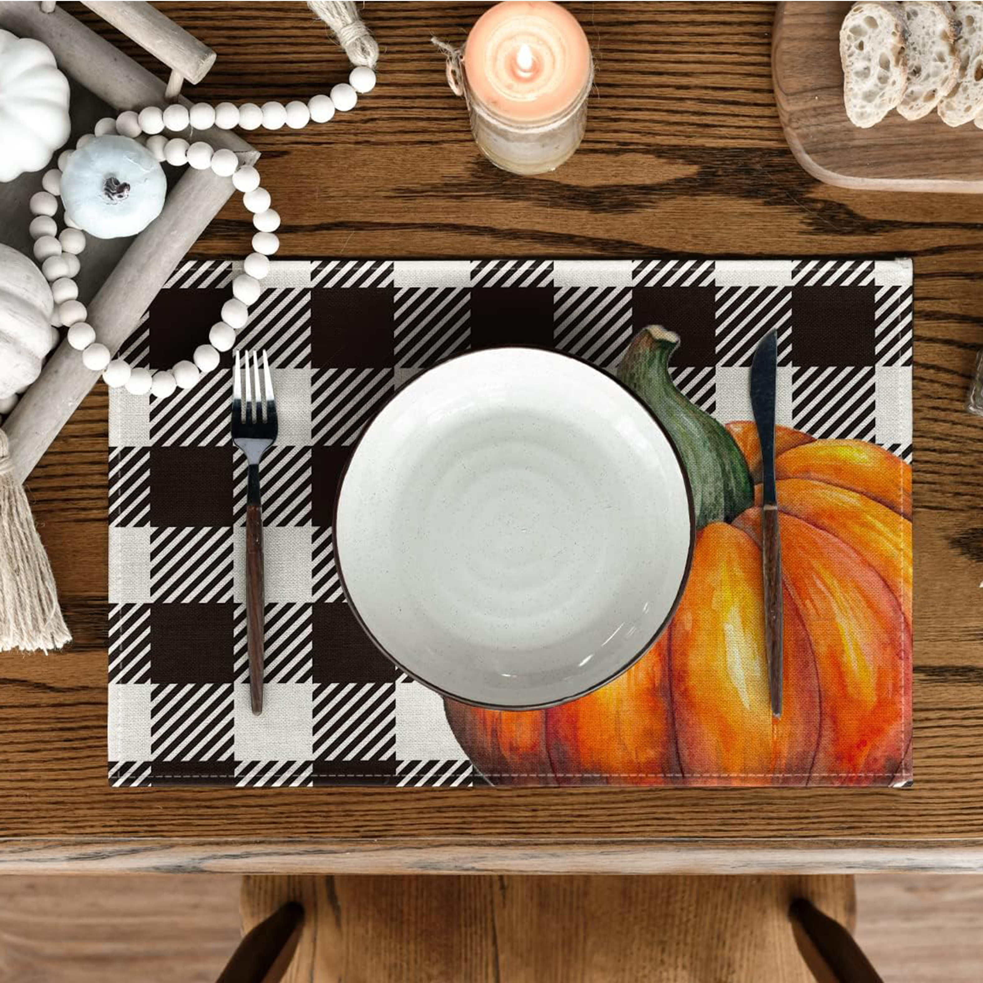 Manteles individuales de otoño para mesa de comedor, juego de 4 manteles  individuales a cuadros de búfalo naranja, decoración de otoño de Acción de  Gracias de granja para interiores y exteriores